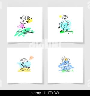 set of four marker hand drawing sketch doodle human stick figure Stock Vector