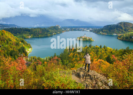 Photographer takes a picture near Bled lake.Slovenia Stock Photo