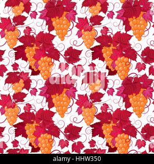 Hand drawing seamless floral pattern with yellow grape and red leaves on white background Stock Vector
