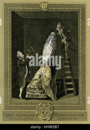 18th century French caricature satirising the fashion for enormous wigs. Caption reads: 'Coiffure du grand gout pour la presente annee'. 1780. Stock Photo