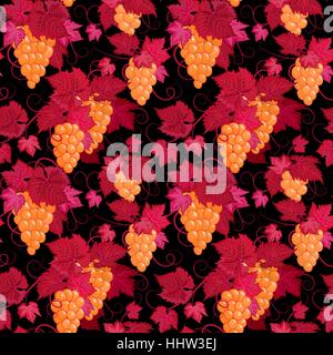 Hand drawing seamless floral pattern with yellow grape and red leaves on black background Stock Vector