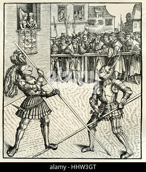 Maximilian I, Holy Roman Emperor (22 March 1459 – 12 January 1519) competing in a tournament, combat with lances. Woodcut Stock Photo