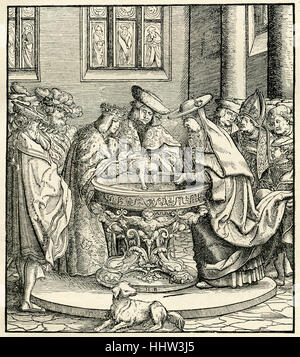 Christening / baptism of Maximilian I, Holy Roman Emperor (22 March 1459 – 12 January 1519). Woodcut illustration by Hans Stock Photo