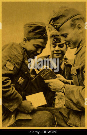 Spanish-German comradership at the front:  reading a German soldiers dictionary during World War 2. Original caption in Spanish Stock Photo