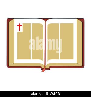 Open Bible with brown cover and red bookmark. Isolated on white background Stock Vector