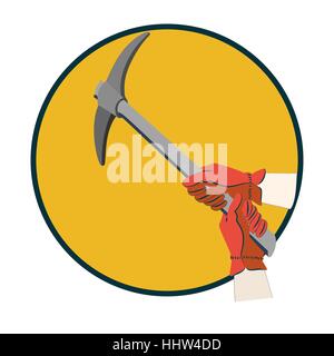 Hands in gloves using pickax. Vector Icon isolated on white. Stock Vector