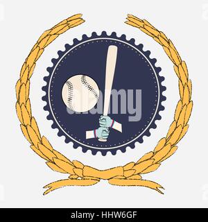 Hands holding baseball bat and big ball. Sport logo isolated on white for any team or competition Stock Vector