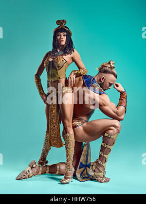 The man, woman in the images of Egyptian Pharaoh and Cleopatra Stock Photo