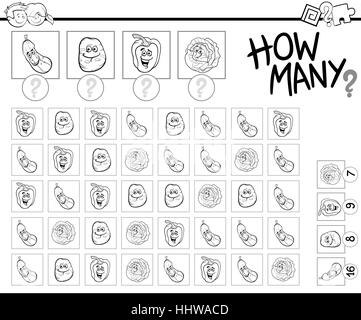 Black and White Cartoon Illustration of Educational How Many Counting Activity for Children with Vegetable Characters Coloring Page Stock Vector