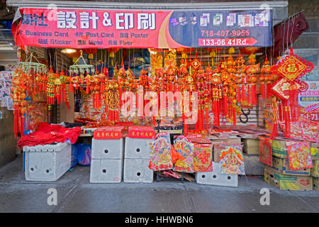 A stand in Chinatown Flushing, Queens, New York that sells good luck ornaments for Chinese New Year. Stock Photo