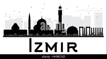 Izmir City skyline black and white silhouette. Simple flat illustration for tourism presentation, banner, placard or web site. Business travel concept Stock Vector