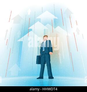 Businessman standing on rising arrows background. Vector illustration. Elements are layered separately in vector file. Stock Vector