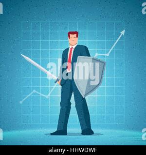 Business concept illustration. Businessman holding a sword and shield. Chart on background. Elements are layered separately in vector file. Stock Vector