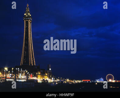 Blackpool tower and the Golden mile at night. Lancashire. England. UK Stock Photo