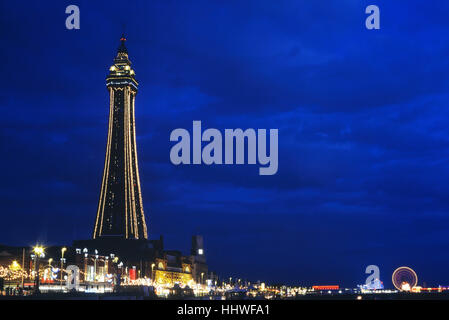 Blackpool tower and the Golden mile at night. Lancashire. England. UK Stock Photo