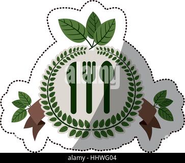 sticker crown of leaves with silverware and label vector illustration Stock Vector