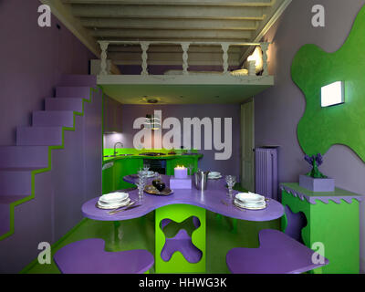 Interior of a home with an unusual decorated dining room kitchen Stock Photo
