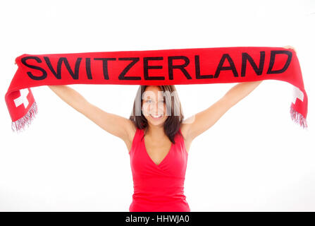 Swiss fan, woman with fan scarf Stock Photo