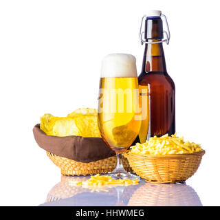 Salty Potato-snacks and beer isolated on white background Stock Photo