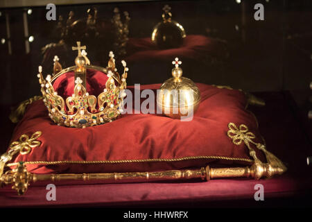 Luxury crown jewelry on red satin, castle, Slovakia Stock Photo