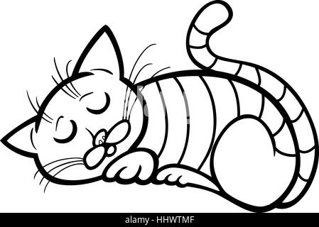 Cartoon Illustration of Sleeping Tabby Cat for Coloring Book Stock Photo