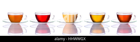 Tea cups in collage with different types of tea isolated on white background Stock Photo