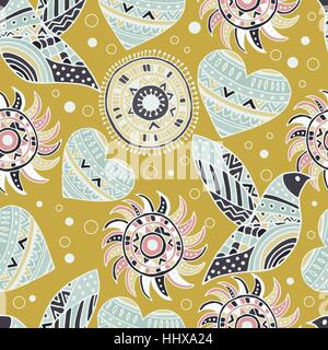seamless pattern with bird and heart in the style of boho Stock Vector