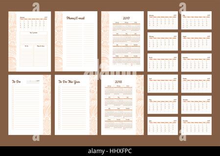 Set of Calendar 2017 Daily Planner Template with Pages 2017 and 2018 years. To Do List Paper A4 Format. Business Style Vector Illustration. Organizer  Stock Vector