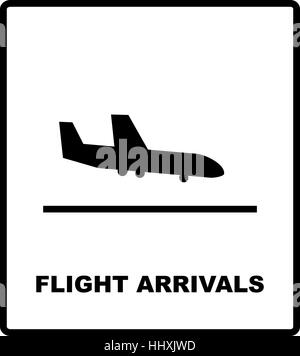 Flight arrivals sign, information banner for airport and traffic isolated on white, vector illustration, black silhouette of airplane Stock Vector