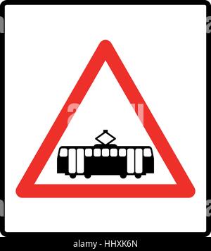 Tram icon in red triangle isolated on white. Tram Vector isolated on white background. Flat vector illustration, black silhouette. Stop station. Cross Stock Vector
