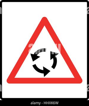 Vector illustration of triangle traffic sign for roundabout. Vector road symbol in red triangle isolated on white. Stock Vector