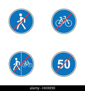 Set of road signs. Signboards. Collection of traffic signs. Vector illustration. End of speed limit, bikes, pedestrian route Stock Vector