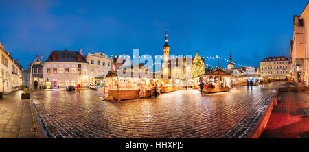 Traditional Christmas Market On Town Hall Square - Raekoja Plats In Tallinn, Estonia. Christmas Tree And Trading Houses With Sale Of Christmas Gifts, Stock Photo