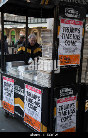 As the 45th US President is inaugurated in the USA, the headline on the Evening Standard newspaper reads Trumps time has come on 20th January 2017 in London, England, United Kingdom. President Donald Trump takes over as Commander in Chief on this day, and is one of the greatest upsets and shocks in political news history. Stock Photo