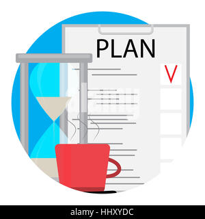 Morning planning with coffee icon vector. Checklist and hourglass illustration Stock Photo