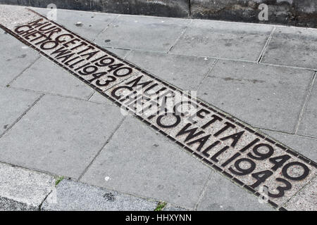 Marker of the Warsaw Ghetto wall on the street, Warsaw ghetto was the largest jewish ghetto created by Nazi in Europe. Stock Photo