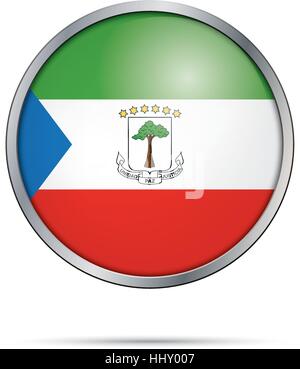 Vector Equatorial Guinea flag in glass button style with metal frame. Stock Vector