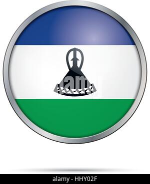 Vector Lesothoan flag button. Lesotho flag in glass button style with metal frame. Stock Vector
