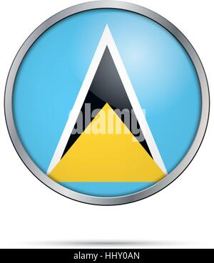 Vector Saint Lucia flag in glass button style with metal frame. Stock Vector