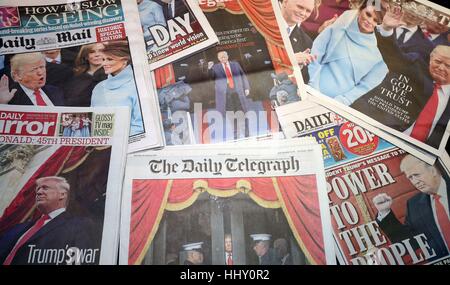 Front pages of national newspapers reporting on the inauguration of US President Donald Trump. Stock Photo