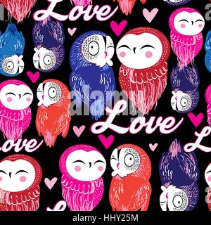 Seamless bright pattern with owls in love on a dark background Stock Vector