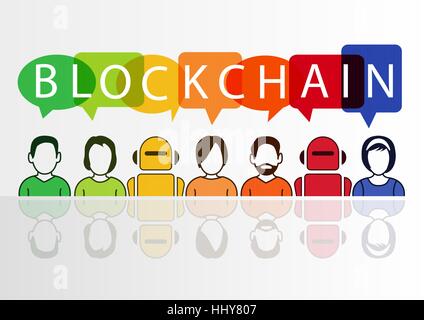 Blockchain vector illustration with text displayed in colorful speech bubbles Stock Vector