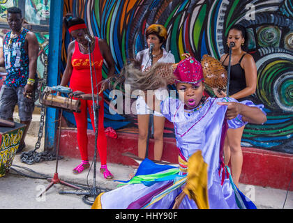 HAVANA, CUBA - JULY 18 : Rumba dancer in Havana Cuba on July 18 2016. Rumba is a secular genre of Cuban music involving dance, percussion, and song. I Stock Photo