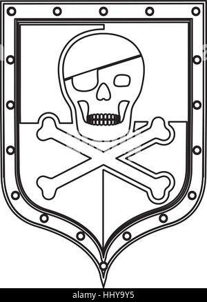 monochrome silhouette with pirate shield with skull and bones vector illustration Stock Vector