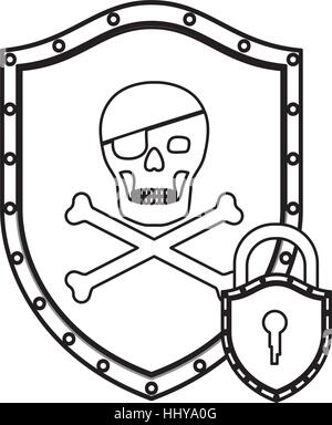 monochrome silhouette with pirate shield with skull and bones and padlock vector illustration Stock Vector