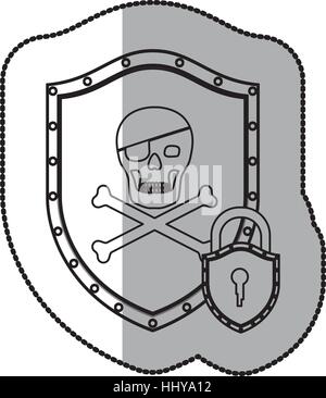 middle shadow sticker of pirate shield with skull and bones and padlock vector illustration Stock Vector