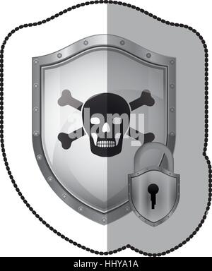 middle shadow sticker of pirate shield with skull and bones and padlock vector illustration Stock Vector