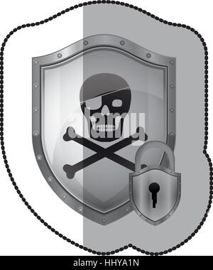 middle shadow sticker of pirate shield with skull and bones and padlock vector illustration Stock Vector