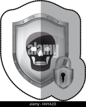 middle shadow sticker of pirate shield with skull and padlock vector illustration Stock Vector