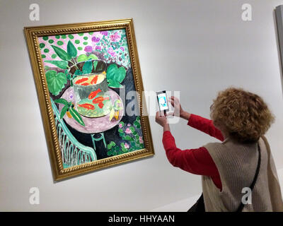 Visitor uses a smartphone to photograph the painting The Goldfish (1911) by French painter Henri Matisse displayed at the exhibition Icons of Modern Art from the Shchukin Collection in the Fondation Louis Vuitton in Paris, France. The exhibition runs till 5 March 2017. Stock Photo
